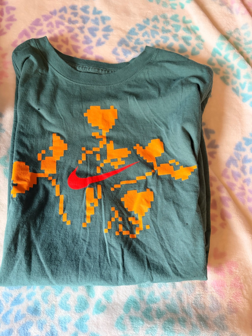 Nike Teal Tee with Orange Pixel Floral and Red Swoosh